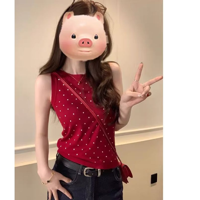 紅色波點無袖針織吊帶小背心女夏季外穿修身短款泰式獨特辣妹上衣