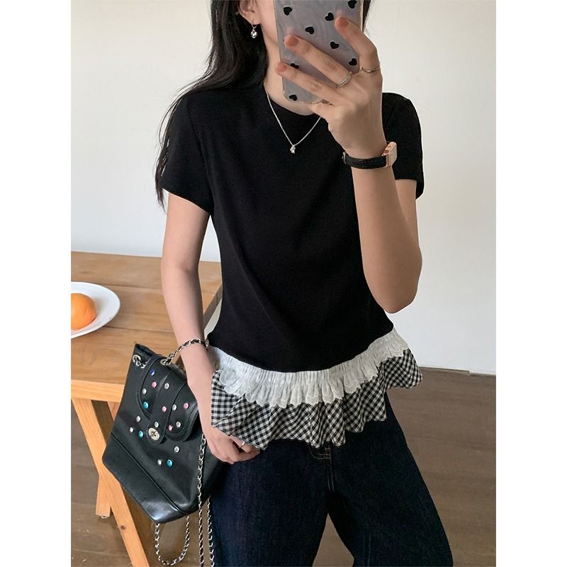 莫代爾人棉純欲荷葉邊拼接短袖T恤女夏設計感疊穿內搭打底衫