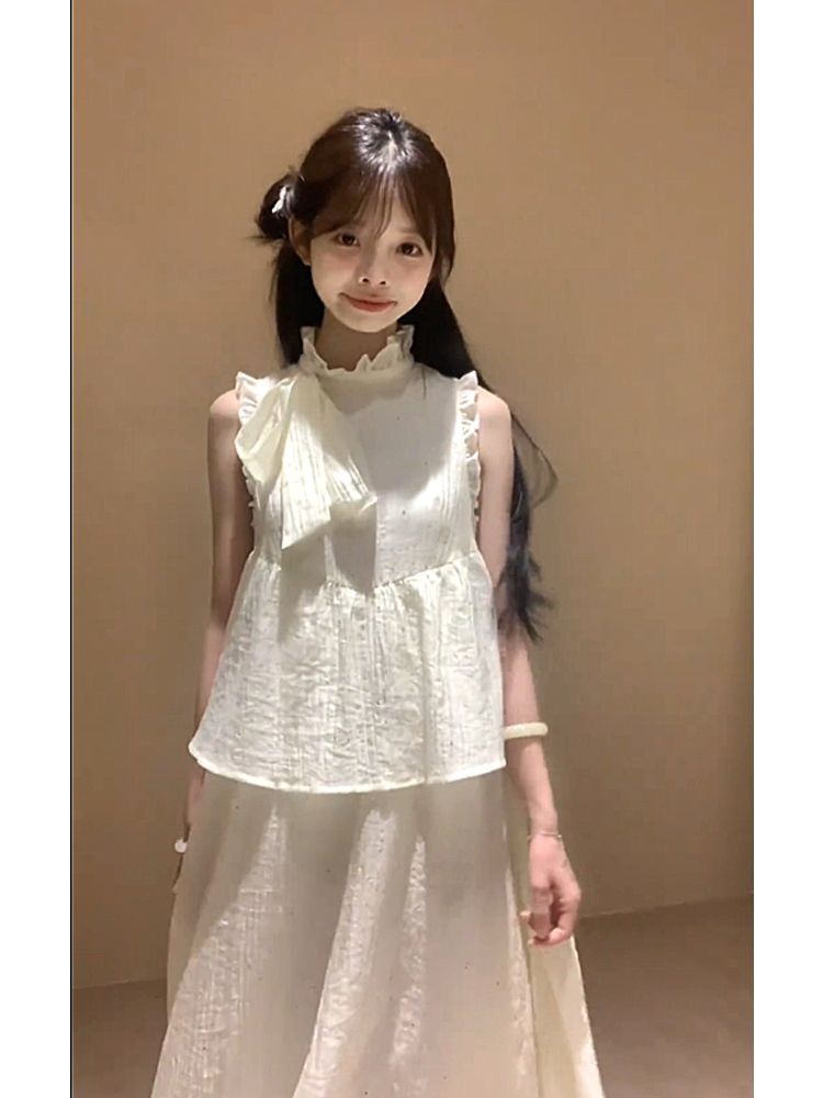 New Chinese two-piece round neck sleeveless vest dress suit for women in summer cold Zen a-line long skirt