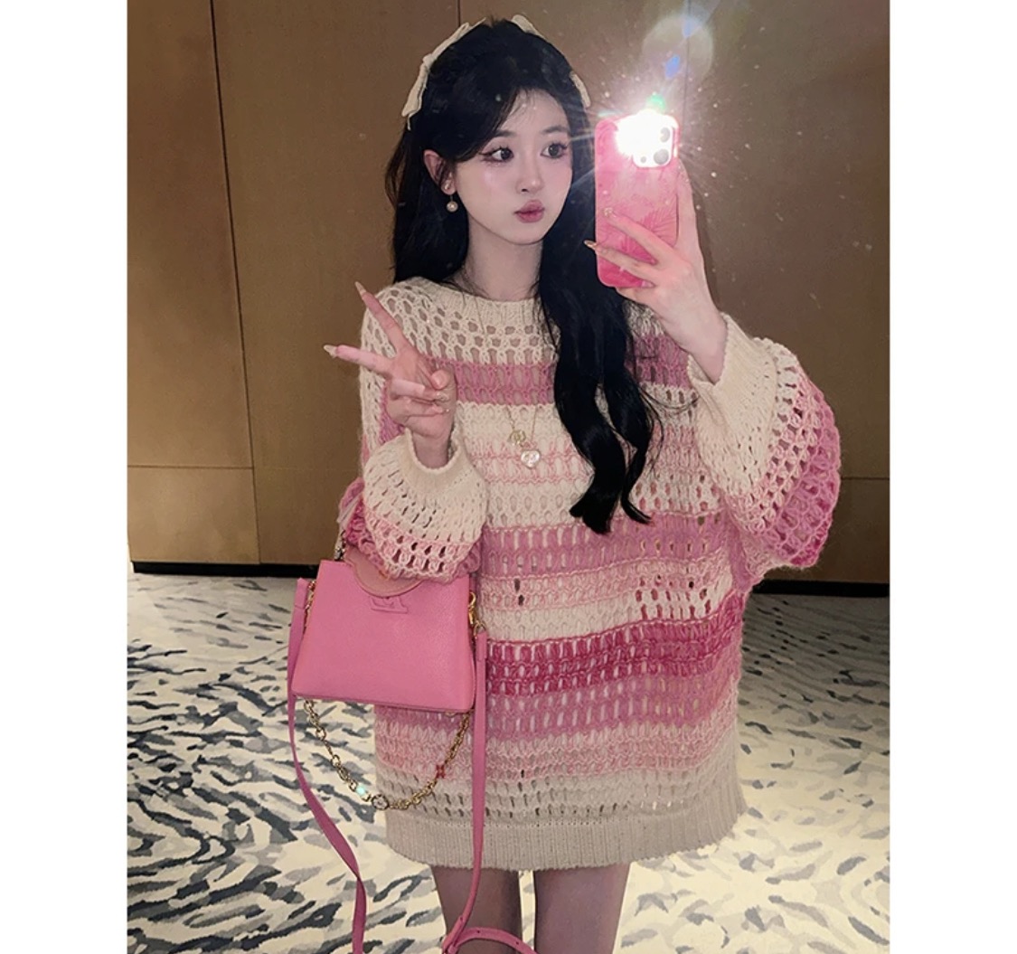 Spring lazy style dopamine sweet style age-reducing street-fried temperament small fragrance style pink hollow sweater