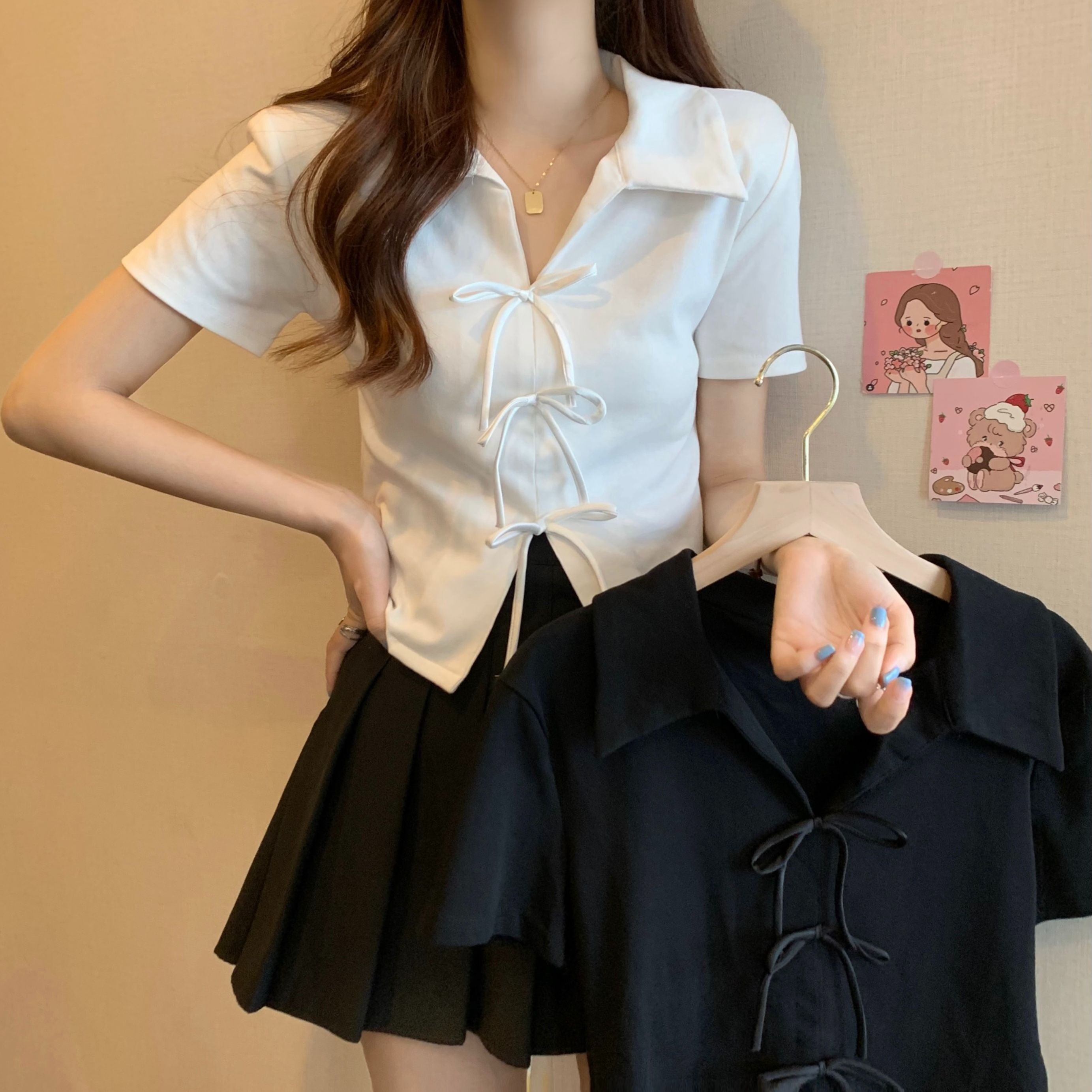 正肩polo領短袖t恤女夏季胖mm顯瘦寬鬆不規則蝴蝶結短款上衣