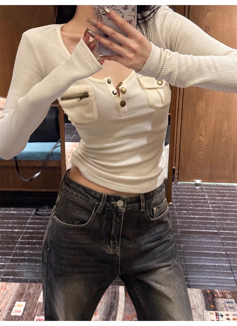 Retro solid color top for women's spring versatile pockets exquisite slim long-sleeved slim knitted sweater