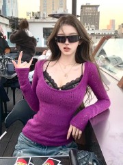 Pure sexy lace suspender long-sleeved sweater for women in early spring 2025 new style slim bodywear