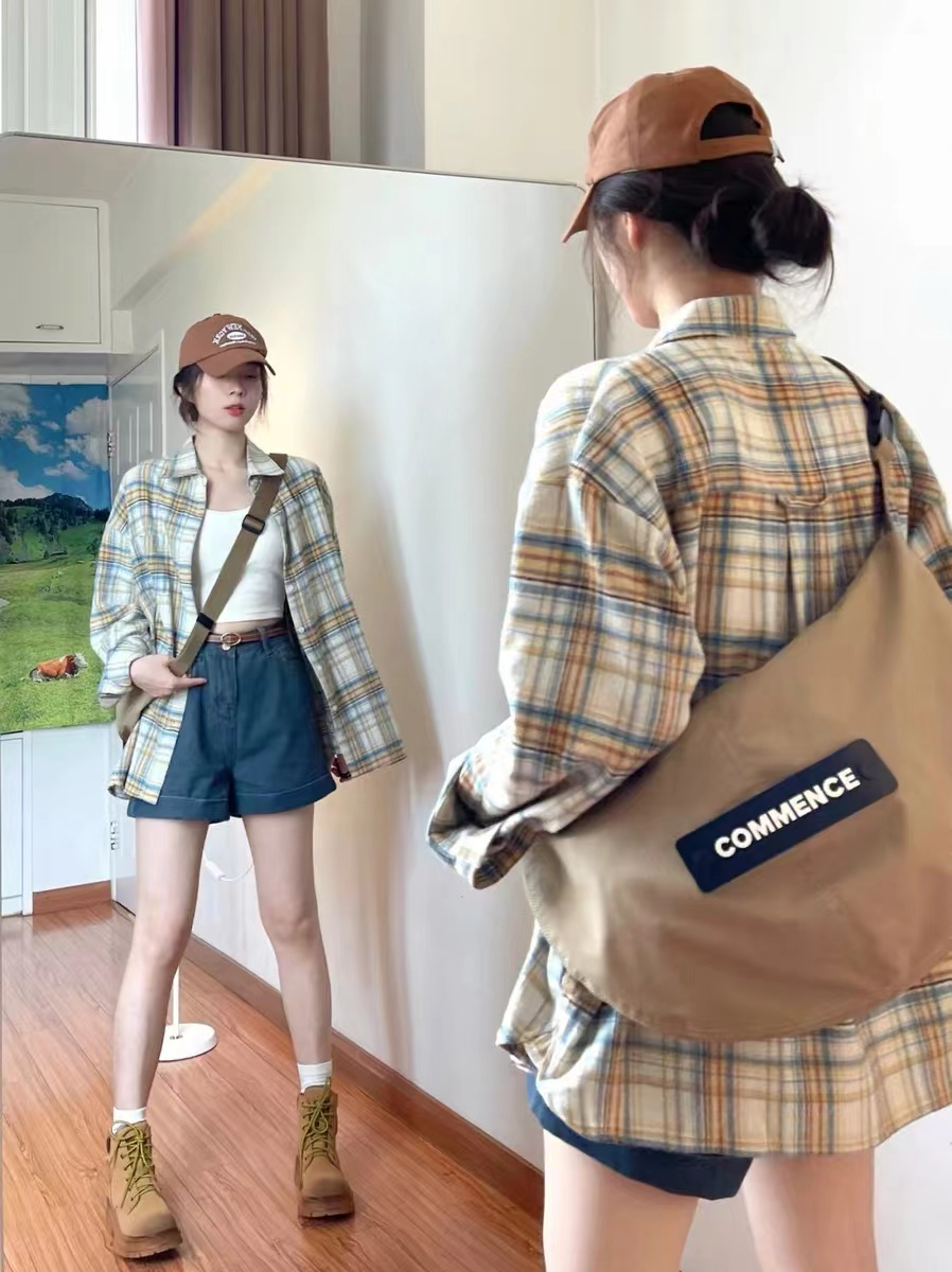 Original Cotton Plaid American retro contrasting plaid shirt early autumn loose long-sleeved top
