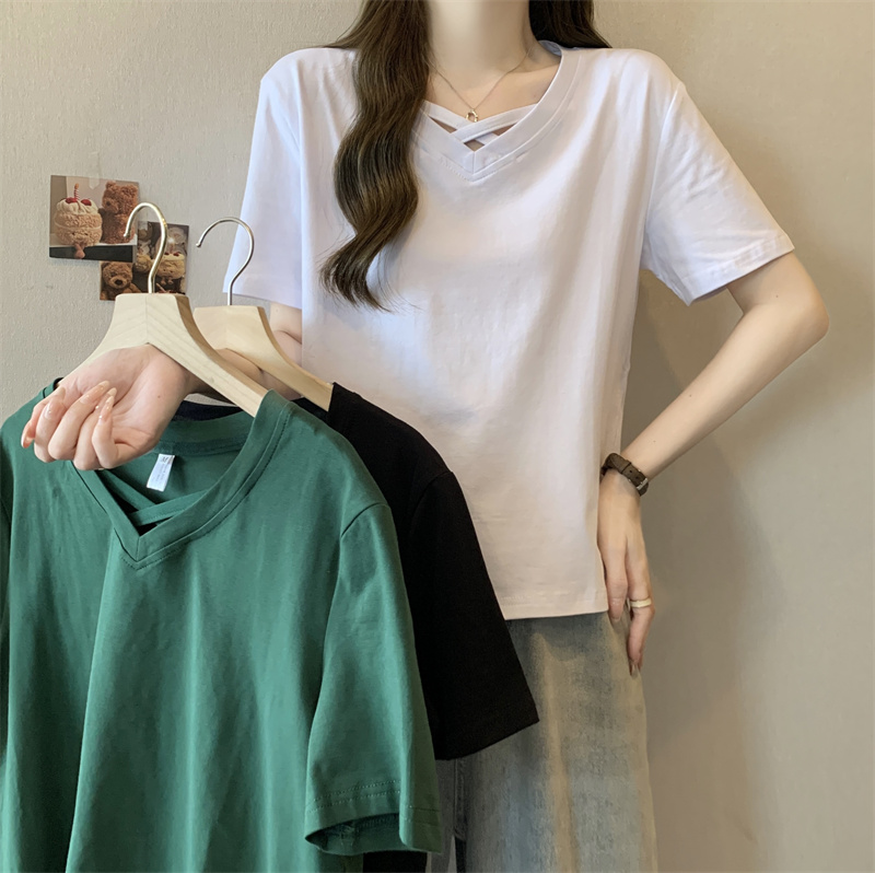 Real-life pure cotton ribbed short-sleeved T-shirt for women's summer clothes cross halter neck design V-neck half-sleeved Hong Kong flavor chic top