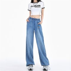 Real shot of 2025 spring and summer fashion 100% lyceler blue elastic waist drawstring jeans for women