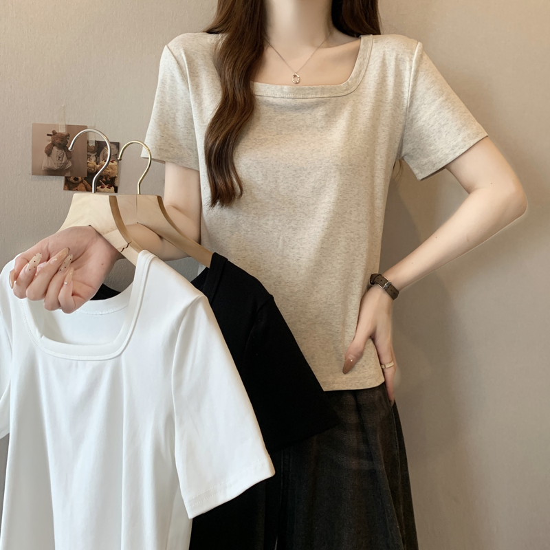 Real-life square collar T-shirt for women's short-sleeved new slim fit and slim inner wear pure cotton front shoulder bottom half sleeve top