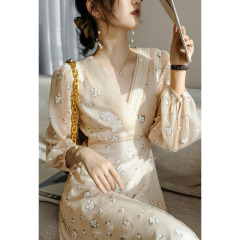 2025 spring new floral chiffon dress for women pure desire long sleeves temperament waist-hugging long skirt over knees