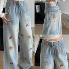 Love fun bear embroidered jeans for women lace waist splicing drooping floor wide-leg pants light blue gradient old