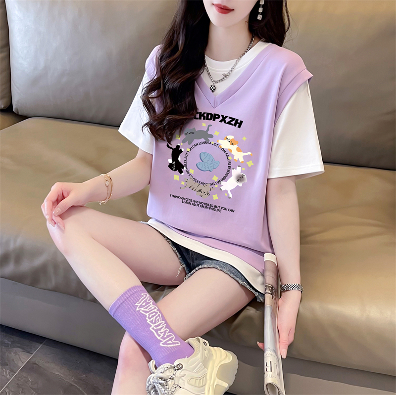 First launch real shot 220g pure cotton fake two-piece short-sleeved T-shirt for women's summer new loose top fashion brand quality