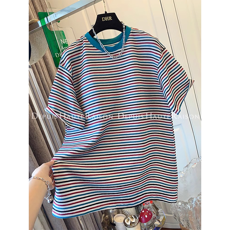 Original color woven cotton extra large size 300 catties American retro striped short-sleeved T-shirt 2025 new