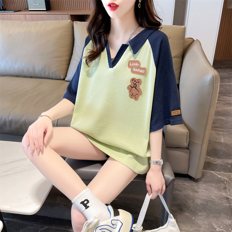Real photo of imitation cotton waffle summer embroidery color design POLO neck short-sleeved T-shirt for women
