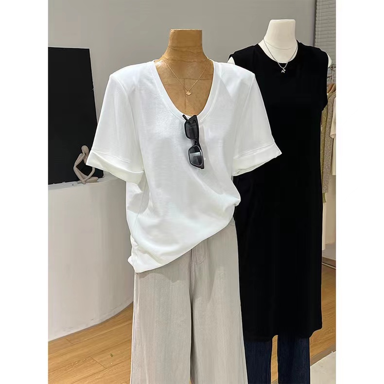 Official picture 21 pure cotton rolled U-neck shoulder pad short-sleeved T-shirt for women