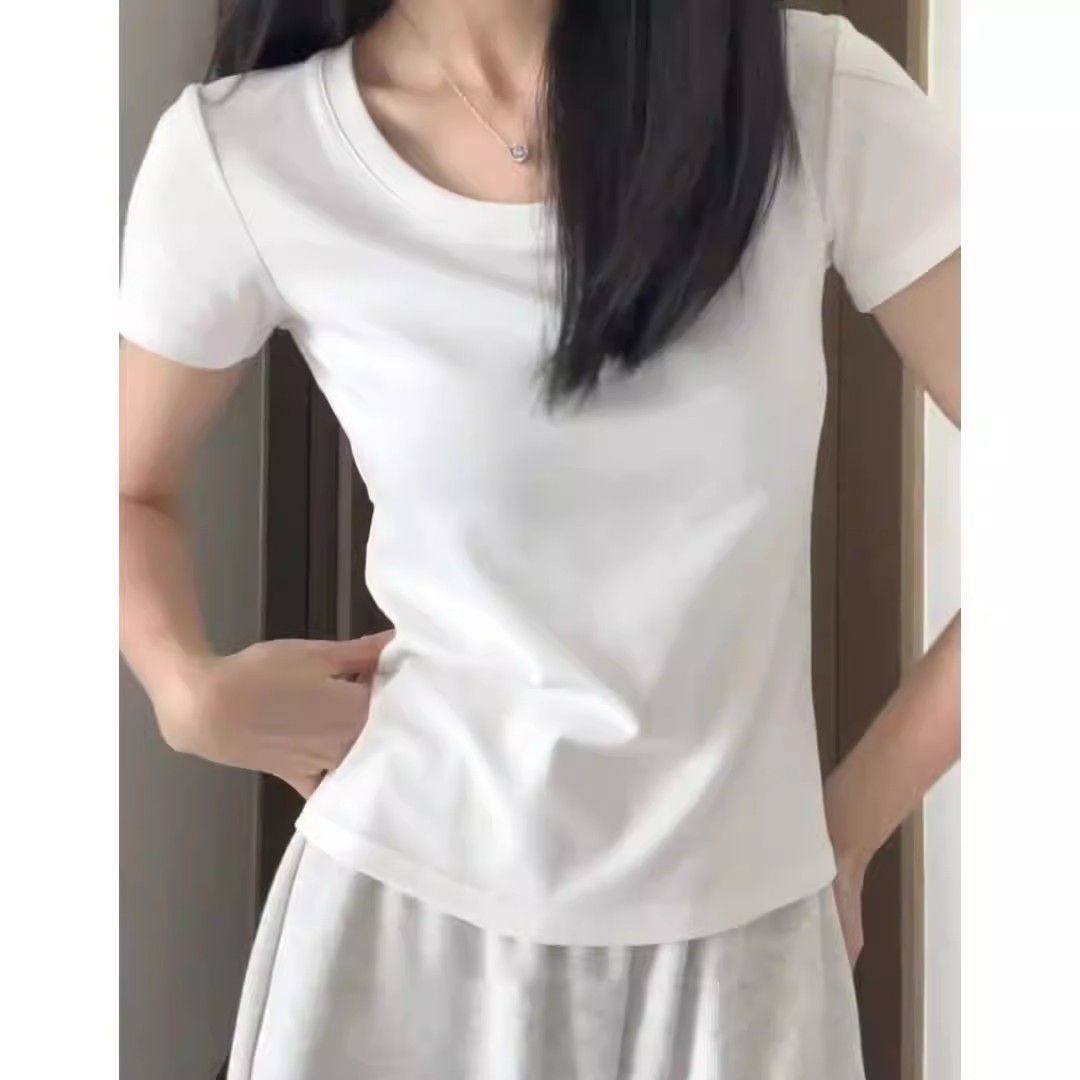 白色內搭短袖t恤女純棉正肩打底衫夏季2025新款U領V圓領百搭修身