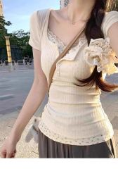 Two-piece floral splicing long-sleeved T-shirt for women in summer 2025 slim age-reducing base shirt underwear