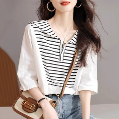 Original workmanship 2025 summer fat girl design niche French high-end top striped shirt