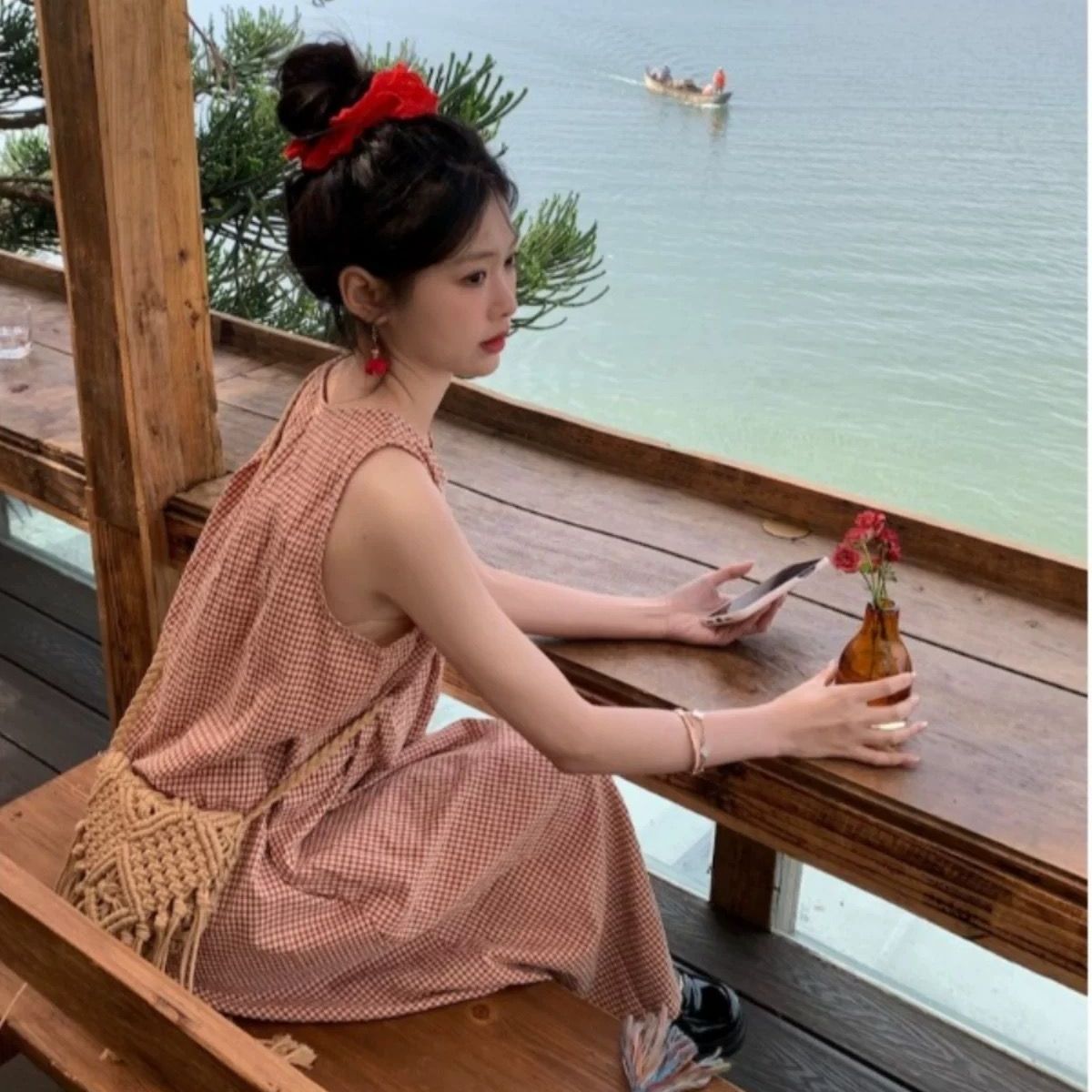Korean sweet plaid round neck dress for women in summer 2025 new loose mid-length A-line vest skirt