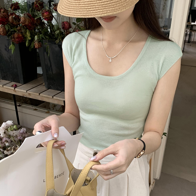 suseyiku馬卡龍色系圓領針織無袖背心女春季新款百搭短款上衣