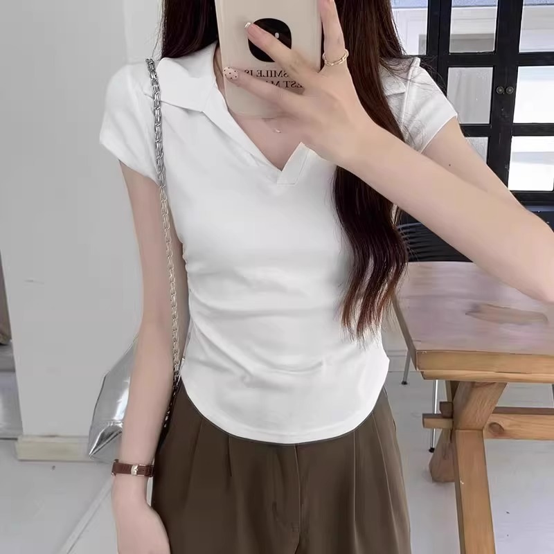 Official picture 92 cotton/8 spandex 40 210g pure cotton Polo lapel waist folded shoulder fold