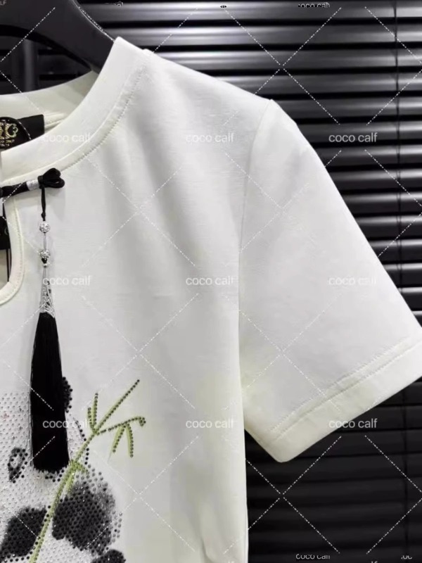 新中式燙鑽熊貓短袖t恤女2025夏季新款國風復古盤扣正肩體恤上衣