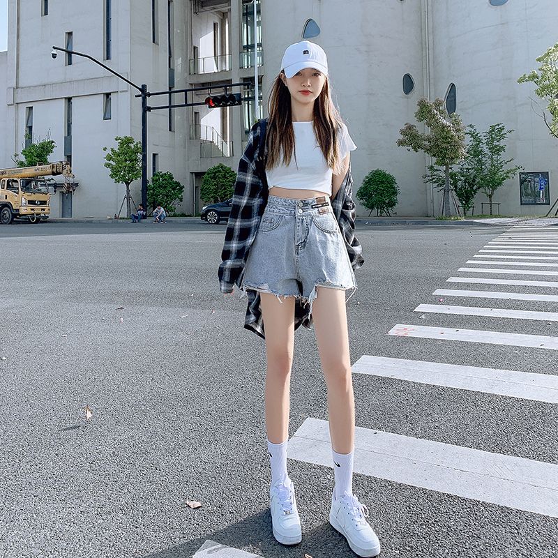 Real shot of 2025 summer light blue ripped denim shorts for women