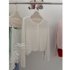 十三行韓版2025早春新款花邊簡約針織開衫女氣質顯瘦百搭短款外套