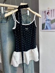 Song Zheng'en polka dot red suspender vest for women in summer new bow lace slim fit short top trendy