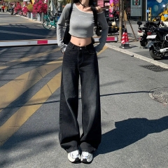 Retro black high-waist wide-leg jeans for women in spring and autumn new loose draped pear shape versatile straight floor pants