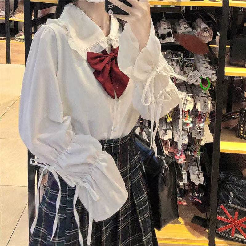 襯衫女喇叭袖復古溫柔優雅蝴蝶結寬鬆上衣