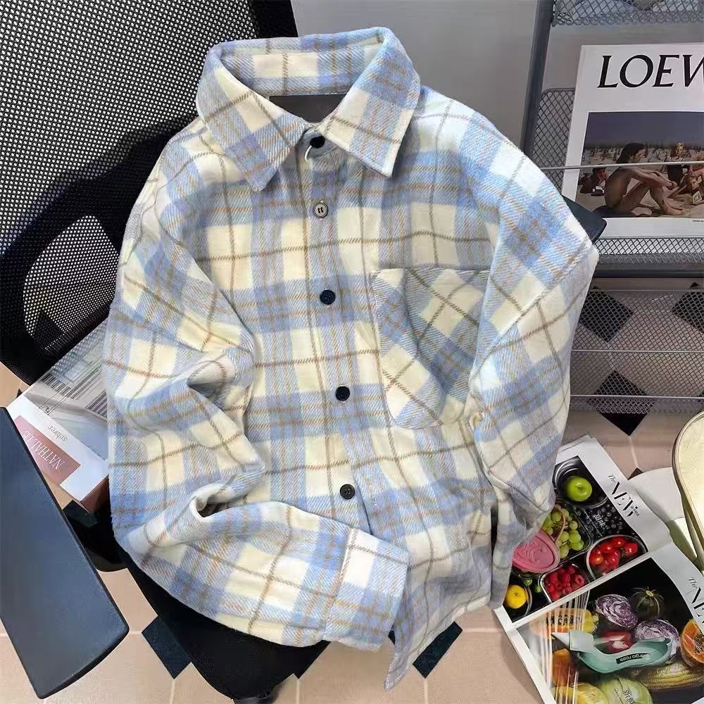 Design-sensual niche checked jacket chic wool shirt for women's spring and autumn retro Hong Kong style casual workwear long-sleeved top