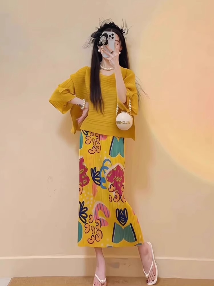Summer 2025 new fashion high-end and atmospheric pleated print high waist draped straight skirt
