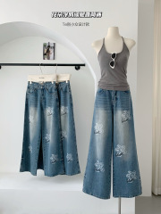 花島既事塗鴉印花韓系牛仔褲女春季設計感寬鬆拖地休閒褲女闊腿