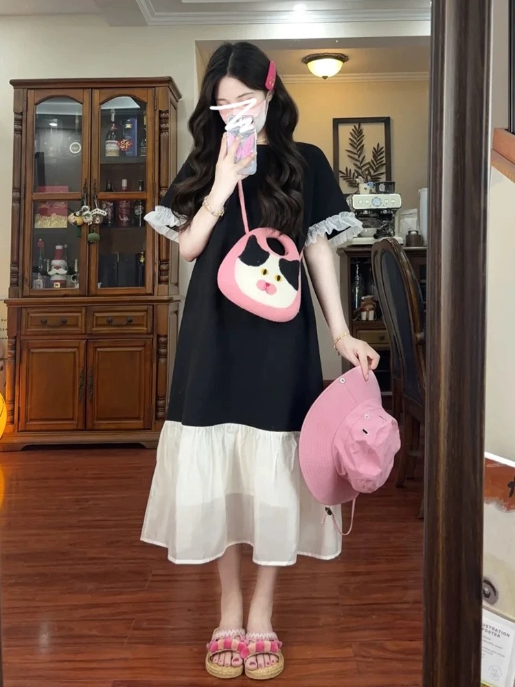 Black casual loose slim and fat mm hiding belly and hiding meat dress for women in summer 2025 new T-shirt skirt long skirt