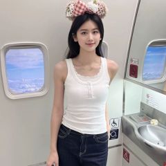 原版花邊蕾絲花邊紐扣工字吊帶背心女夏季新款修身短款上衣