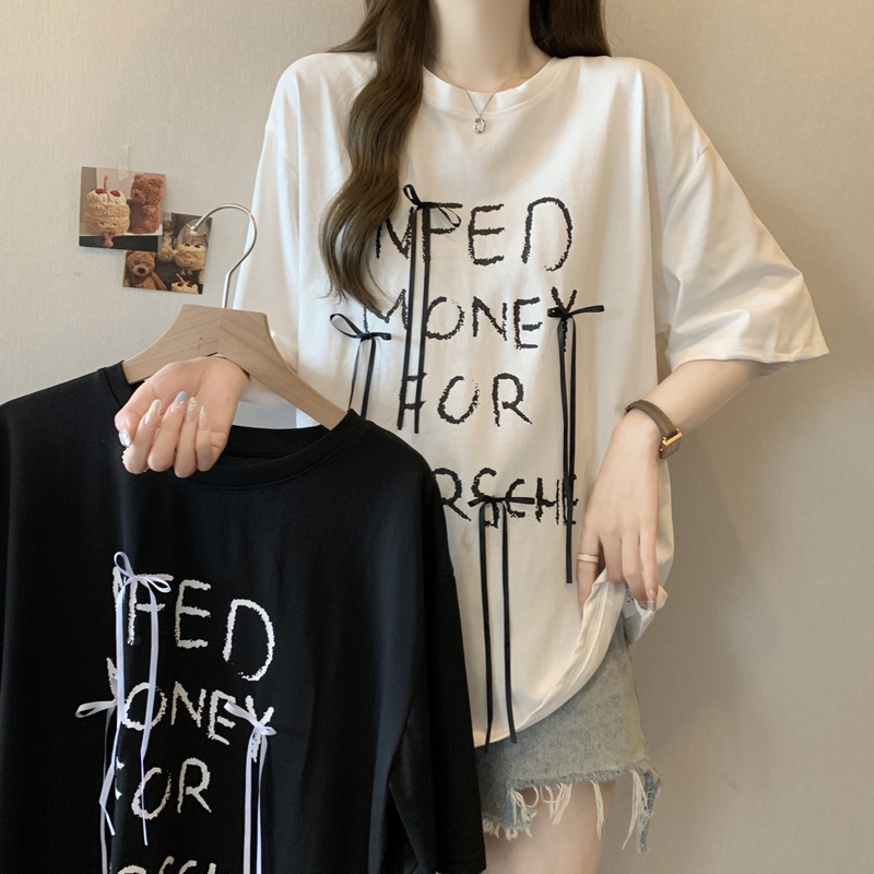 Real-life pure cotton simple letter printed short-sleeved T-shirt new fashionable loose versatile bow chic top