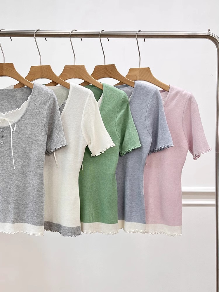Ribbon bow button decoration fake two-piece slim short-sleeved sweater base shirt 6562