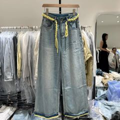 New spring style of European station, fashionable contrast braided belt, high-waisted slimming straight wide-leg pants, jeans