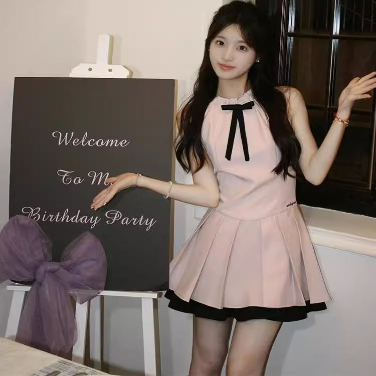 Pink halter neck dress for women, slim and slim French style, bow, beautiful summer sleeveless skirt