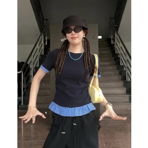 Shipped Modal fabric 260g Contrast color splicing short-sleeved T-shirt for women for summer