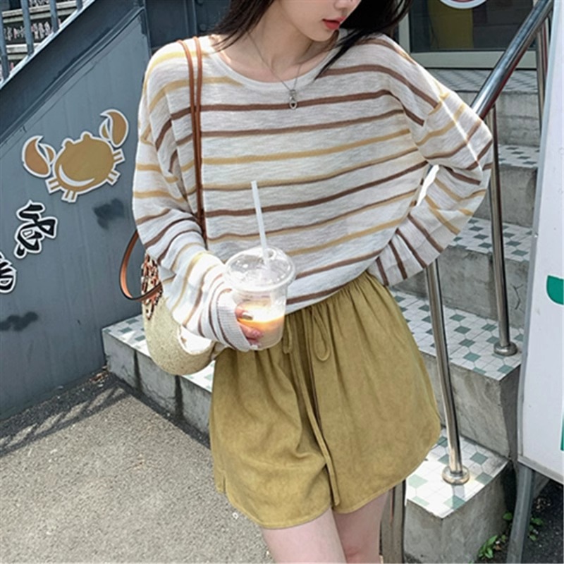 張貝貝ibell高支條紋漸變防曬針織衫女設計感休閒寬鬆圓領上衣夏