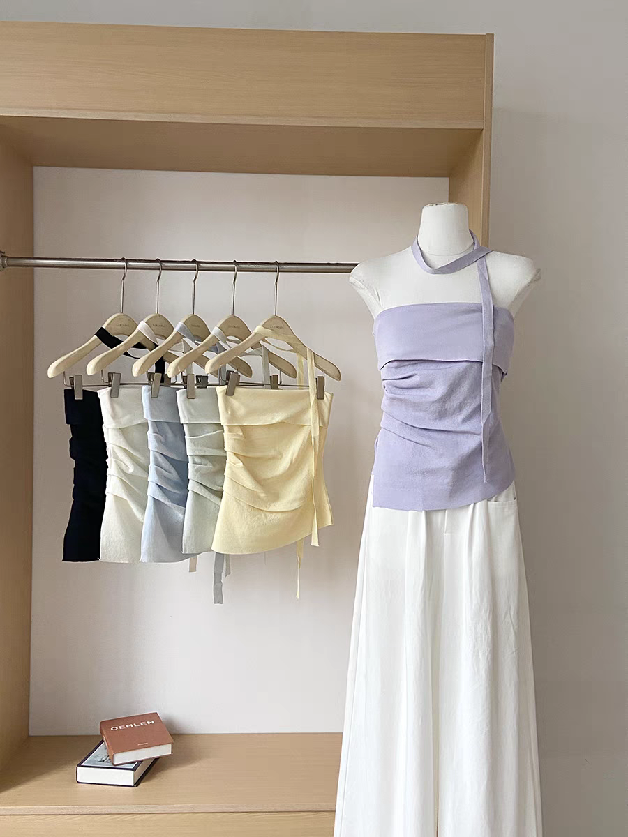 French slimming vest irregular folded sleeveless hem tops for women's summer streamer knitted sweater short style