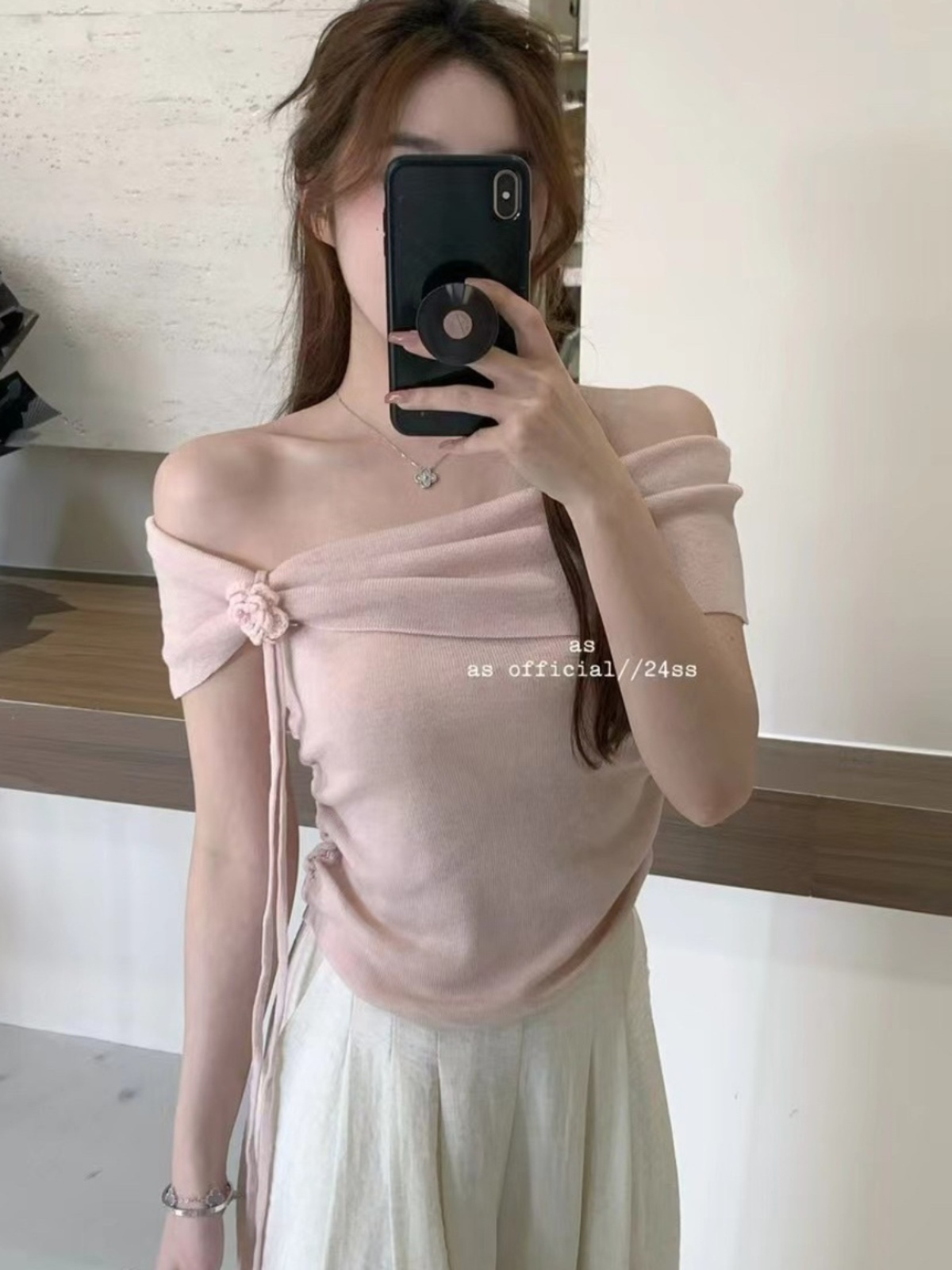 French gentle style flower streamer one-shoulder sweater women's slim wrinkled irregular top short-sleeved T-shirt summer