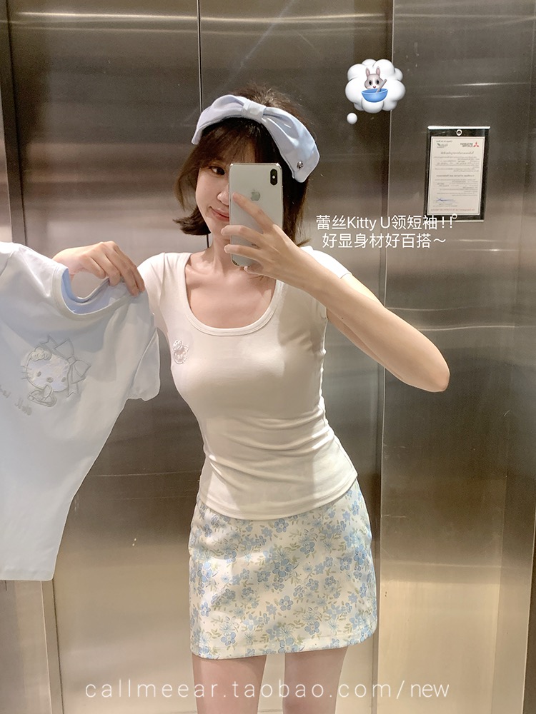 Men's cotton 260 clece cat design short-sleeved T-shirt for women's spring slim top