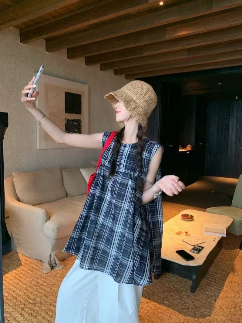 法式設計感小眾格子背心襯衫女慵懶寬鬆無袖娃娃衫上衣闊腿褲套