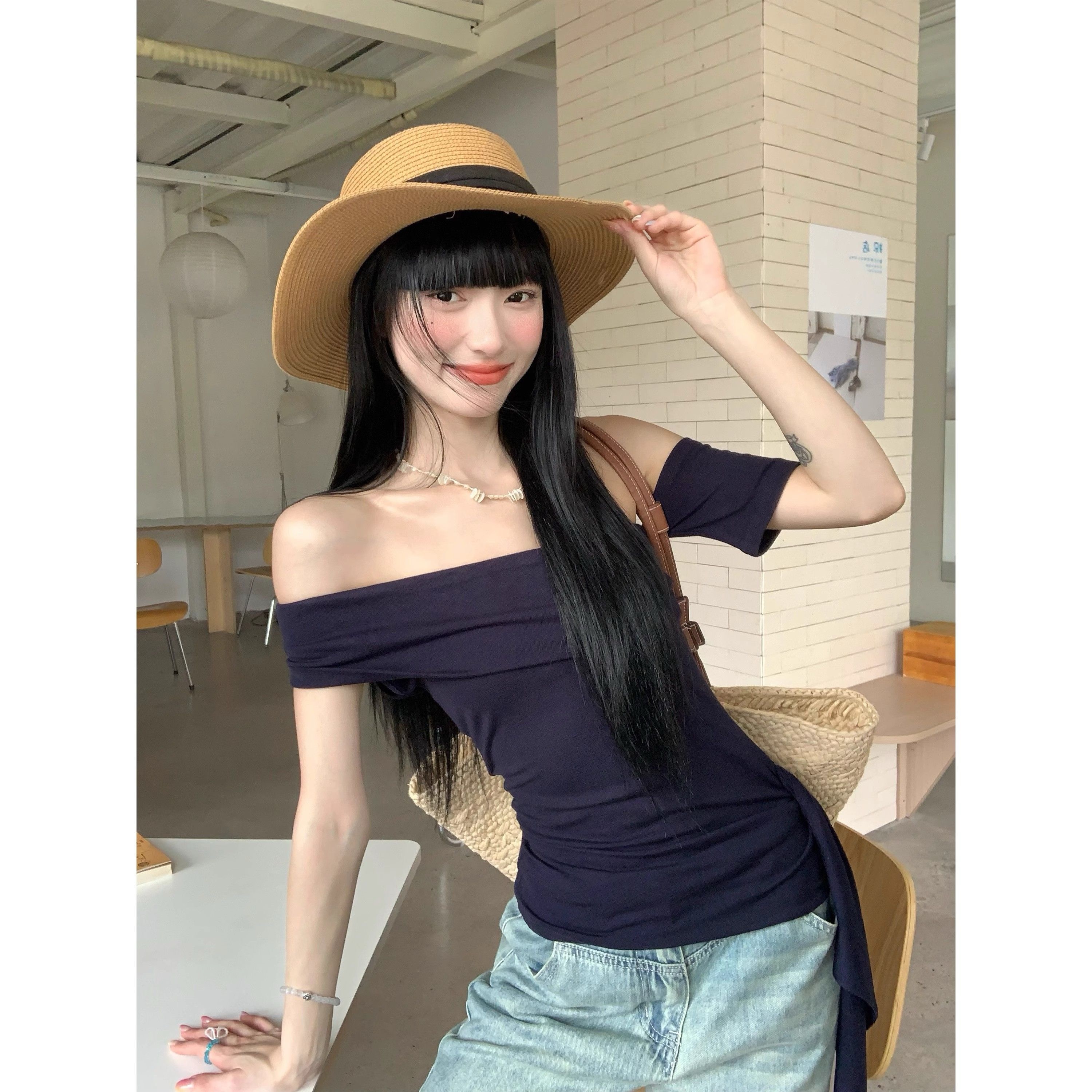 92 people cotton 8 spandex 260g ~ black pure hot girl streamer one-shoulder T-shirt summer sexy top