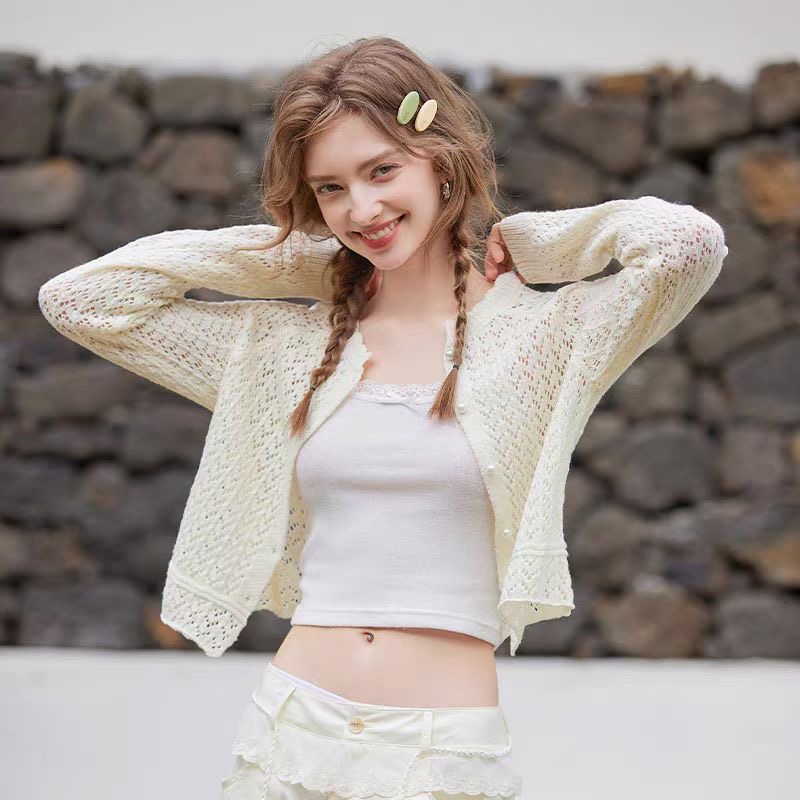 Exterior design cardigan for women's thin spring 2025 new niche mesh hollow long-sleeved knitted sweater