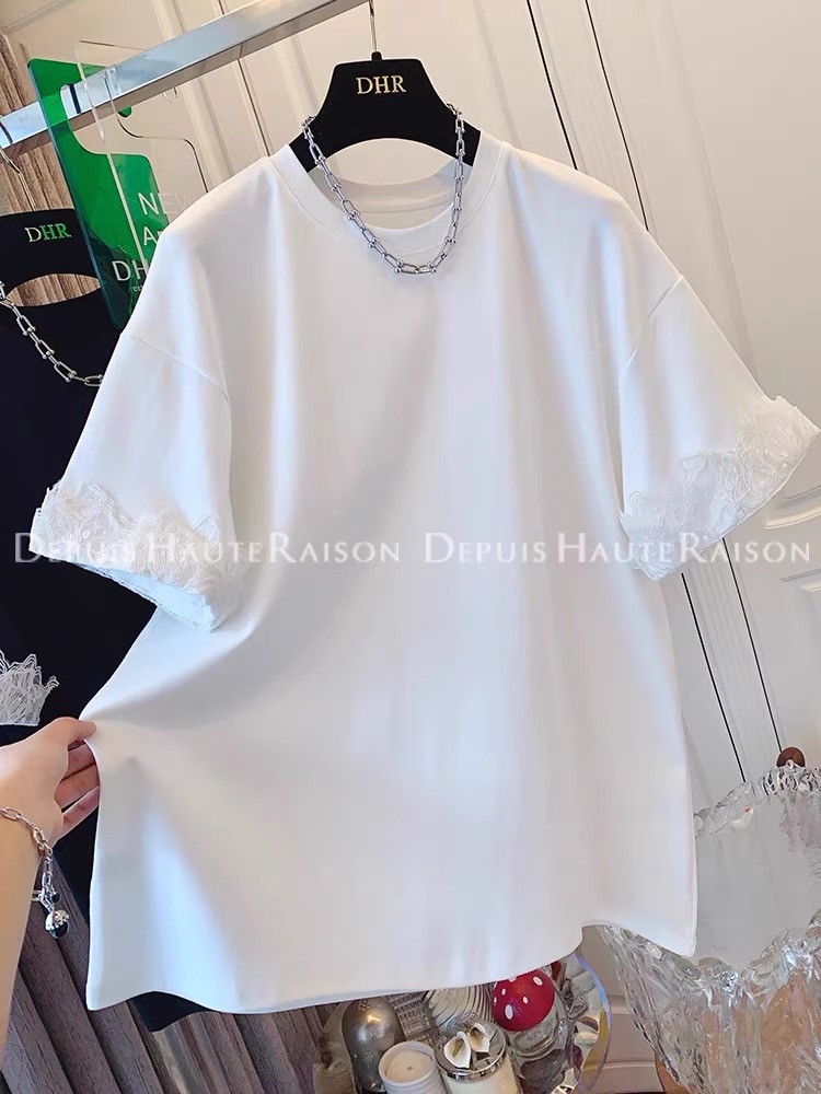 Lace + 21 super cool cotton 210 grams extra large size 240 catties Korean lace short-sleeved T-shirt for women