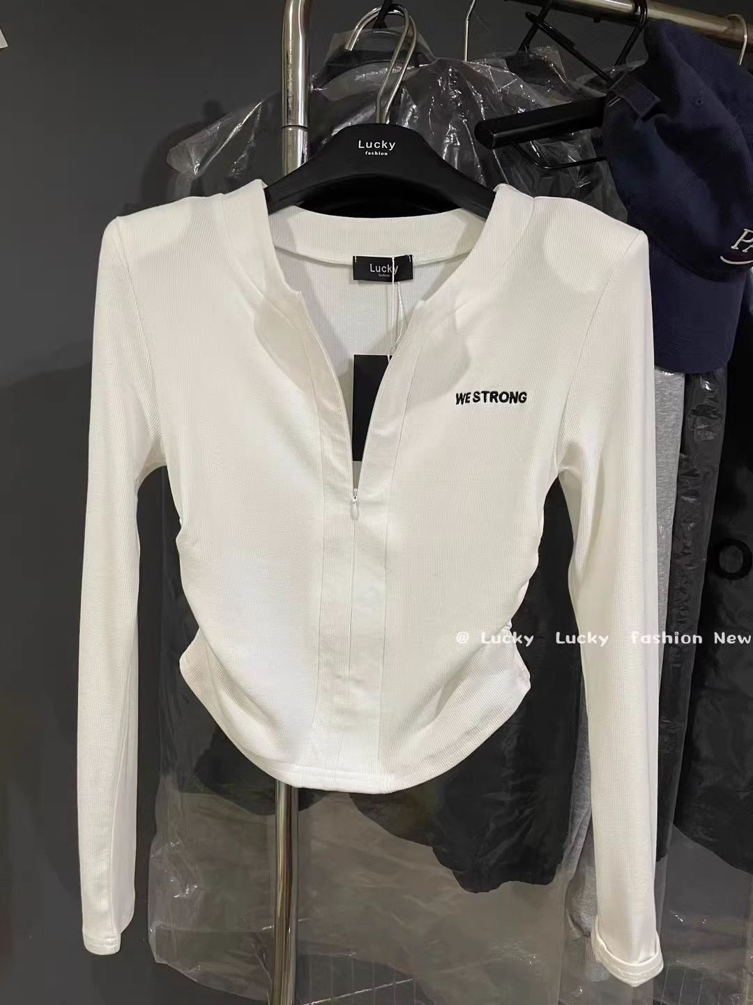 Thirteen Lines 2025 Spring Korean Base Shirt Slim-fit Stretch Top Letter Embroidered Solid Color Half Zipper T-Shirt Women