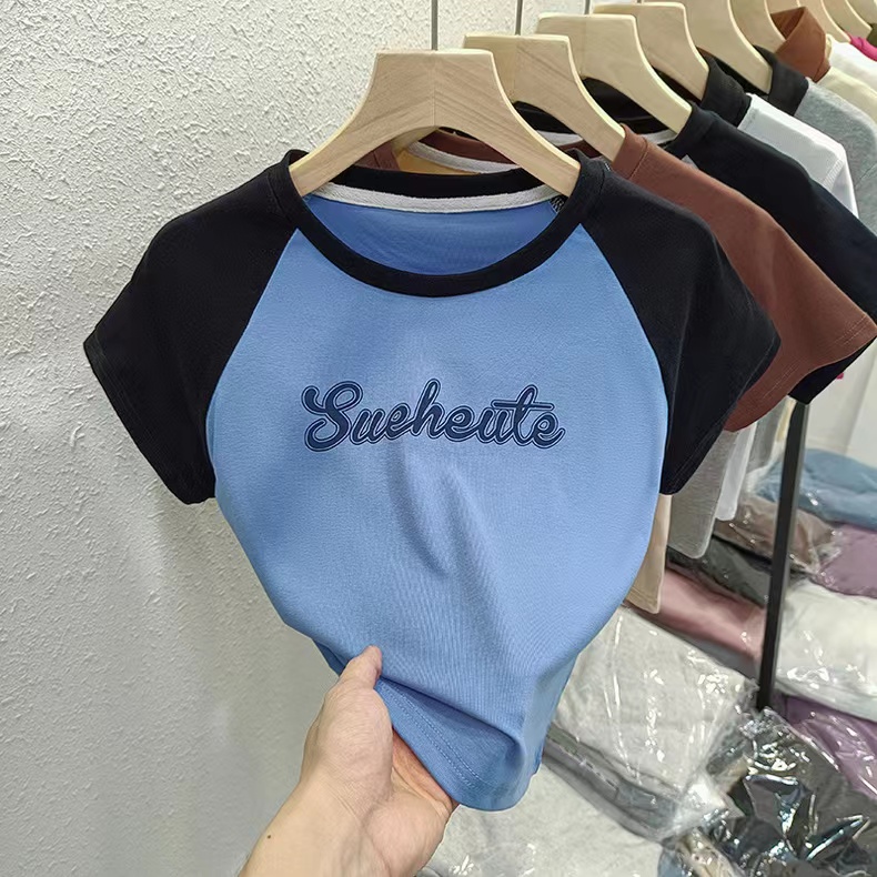 Real shot of pure cotton rib contrast raglan short-sleeved T-shirt for women