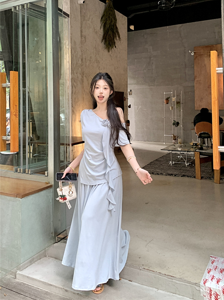 Real shot~ New niche design flower short-sleeved T-shirt + casual commuter versatile wide-leg pants/two-piece set